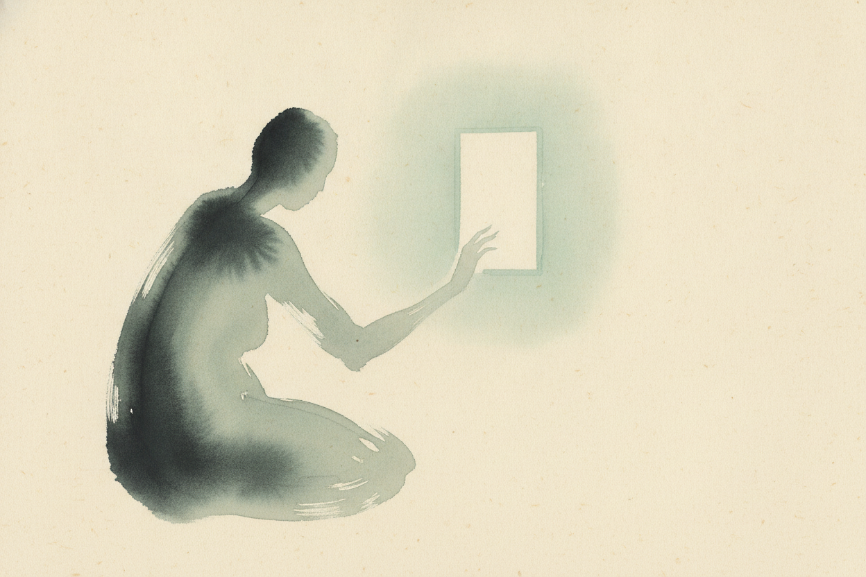 A solitary sumi-e figure in ink seated in darkness before a soft glowing rectangle of pale jade screen light.