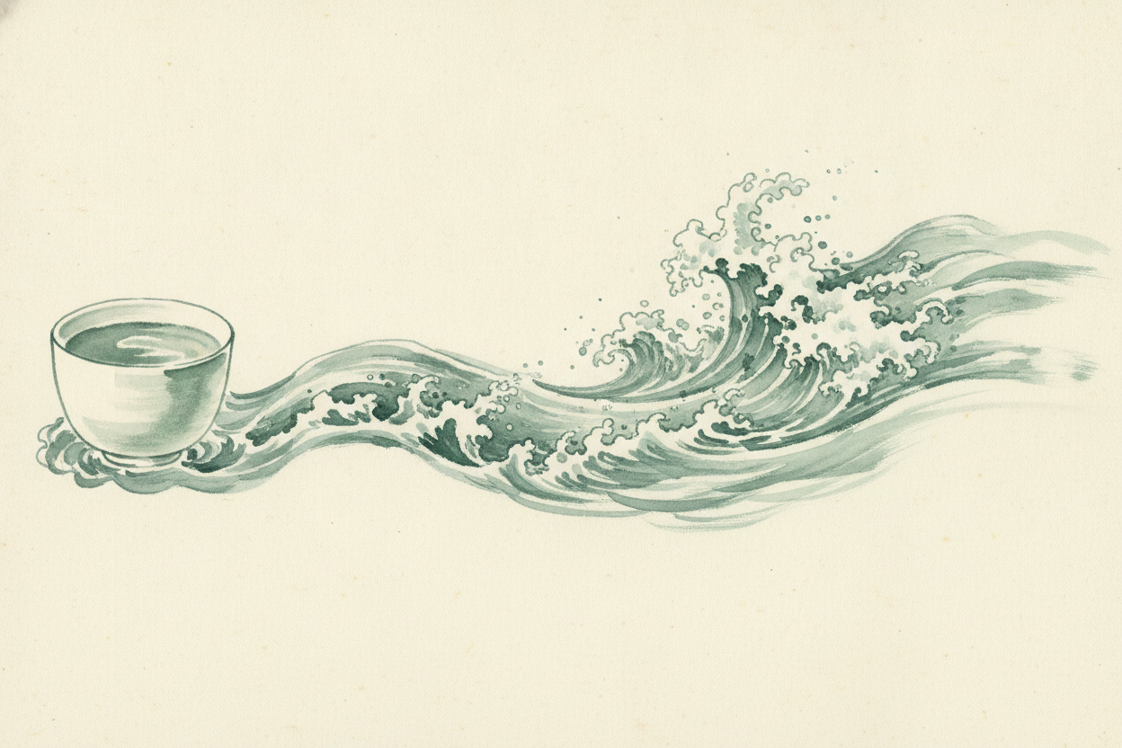 A jade sumi-e brushstroke of water, gentle and still in a cup, then breaking loose into a churning flood, the same substance in two forms.